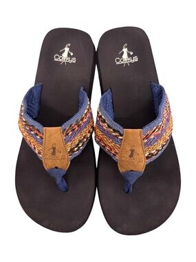 Corkys Women’s Cypress Thong Flip Flop Sandal Black Colorful Strap Size 10